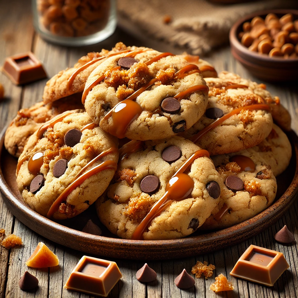 A plate of Brickle Drop Cookies on a rustic wooden table, featuring golden brown cookies with a chewy texture, studded with crunchy toffee bits and chocolate chips. Some cookies have a drizzle of caramel for extra indulgence, with broken cookies revealing a soft, buttery interior. Scattered toffee pieces and chocolate chips add to the homemade charm, with soft natural lighting enhancing the warm, inviting tones.