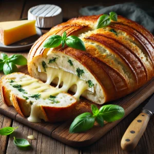 A freshly baked brie and basil bread on a rustic wooden table, featuring a golden, crusty exterior with melted brie cheese visible on top. A few slices are cut to reveal the soft, airy interior with pockets of creamy brie and fresh basil leaves. The loaf rests on a wooden cutting board, with scattered basil leaves, cheese slices, and a bread knife nearby. Soft natural lighting enhances the warm, inviting tones.