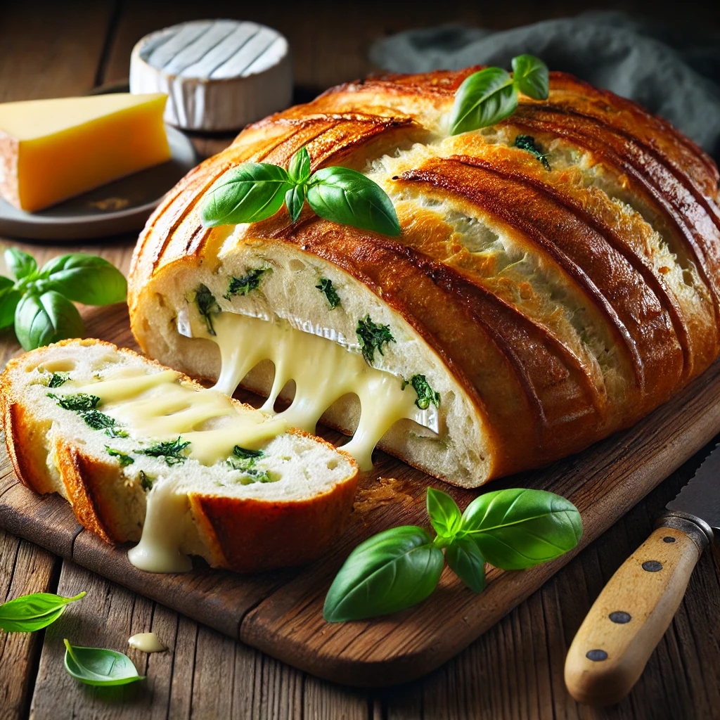 A freshly baked brie and basil bread on a rustic wooden table, featuring a golden, crusty exterior with melted brie cheese visible on top. A few slices are cut to reveal the soft, airy interior with pockets of creamy brie and fresh basil leaves. The loaf rests on a wooden cutting board, with scattered basil leaves, cheese slices, and a bread knife nearby. Soft natural lighting enhances the warm, inviting tones.