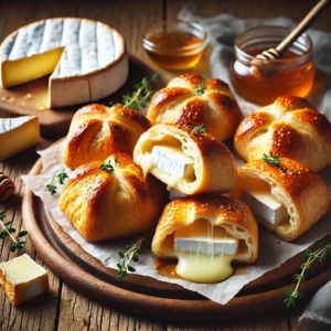 A plate of brie and brioche parcels on a rustic wooden table, featuring golden, flaky brioche pastry with melted brie cheese oozing from the center. Some are cut open to reveal the rich, creamy filling. The pastries rest on a wooden cutting board, with scattered fresh thyme, a small dish of honey, and slices of brie nearby. Soft natural lighting enhances the warm, inviting tones.
