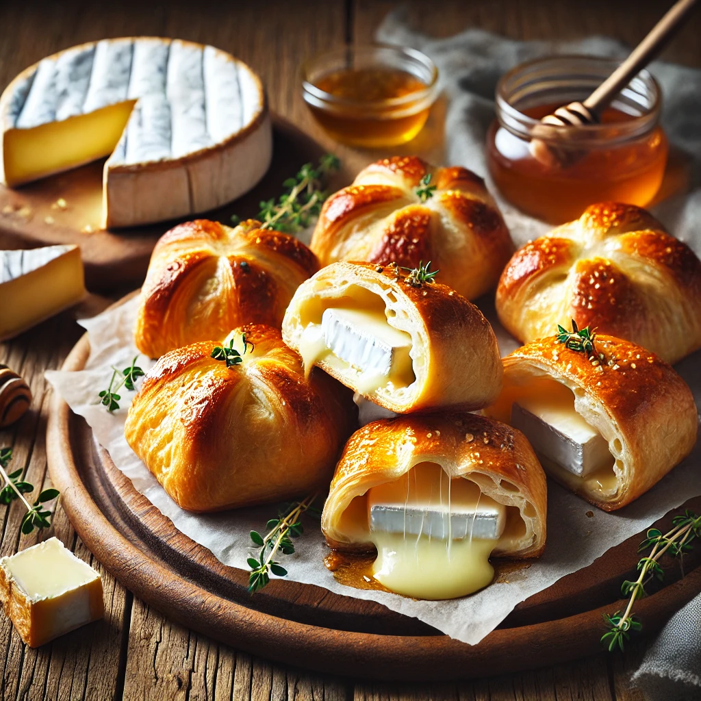 A plate of brie and brioche parcels on a rustic wooden table, featuring golden, flaky brioche pastry with melted brie cheese oozing from the center. Some are cut open to reveal the rich, creamy filling. The pastries rest on a wooden cutting board, with scattered fresh thyme, a small dish of honey, and slices of brie nearby. Soft natural lighting enhances the warm, inviting tones.