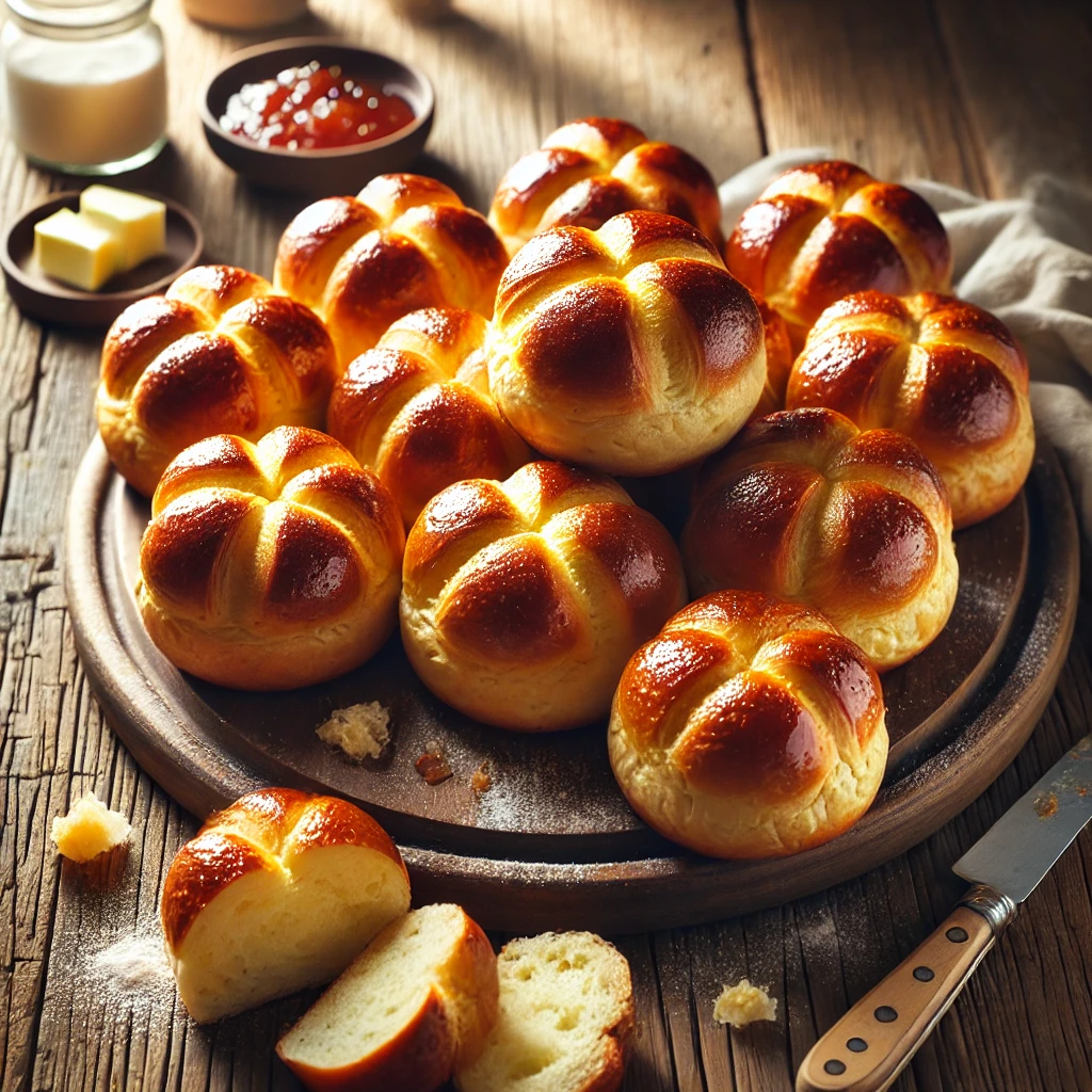 A plate of freshly baked brioche têtes on a rustic wooden table, featuring golden, glossy pastries with a signature round topknot. Some are cut open to reveal their soft, buttery, and airy interior. The pastries rest on a wooden cutting board, with scattered flour, a butter knife, and a small dish of jam nearby. Soft natural lighting enhances the warm, inviting tones.
