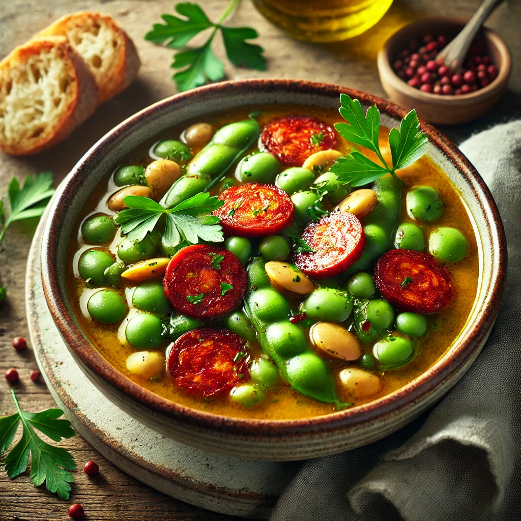 A beautifully plated bowl of Broad Bean & Chorizo Soup, featuring a rich, golden broth infused with smoky chorizo and tender broad beans. The soup is served in a rustic ceramic bowl, garnished with crispy chorizo slices, fresh parsley, and a drizzle of olive oil. The vibrant green broad beans contrast beautifully with the deep red hues of the chorizo. Accompanied by a slice of crusty bread on the side, the bowl rests on a wooden table with soft, natural lighting enhancing the warm and hearty presentation.