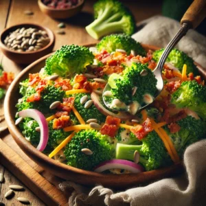 A bowl of broccoli bacon salad with fresh broccoli florets, crispy bacon, shredded cheddar cheese, red onion, and sunflower seeds, coated in a creamy dressing on a rustic wooden table. Extra bacon crumbles and black pepper garnish the dish, with a serving spoon lifting a portion to showcase the fresh ingredients. A cozy napkin and wooden plate enhance the warm, inviting atmosphere.