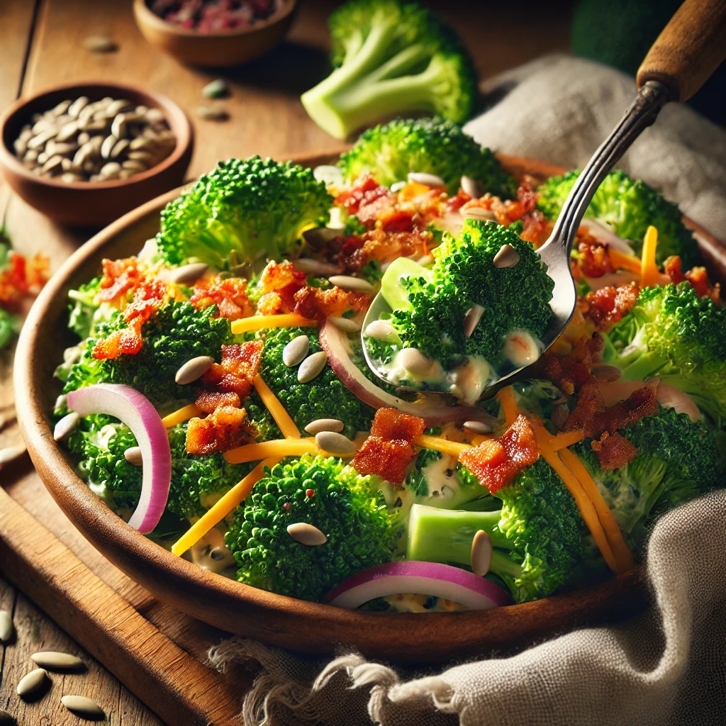 A bowl of broccoli bacon salad with fresh broccoli florets, crispy bacon, shredded cheddar cheese, red onion, and sunflower seeds, coated in a creamy dressing on a rustic wooden table. Extra bacon crumbles and black pepper garnish the dish, with a serving spoon lifting a portion to showcase the fresh ingredients. A cozy napkin and wooden plate enhance the warm, inviting atmosphere.