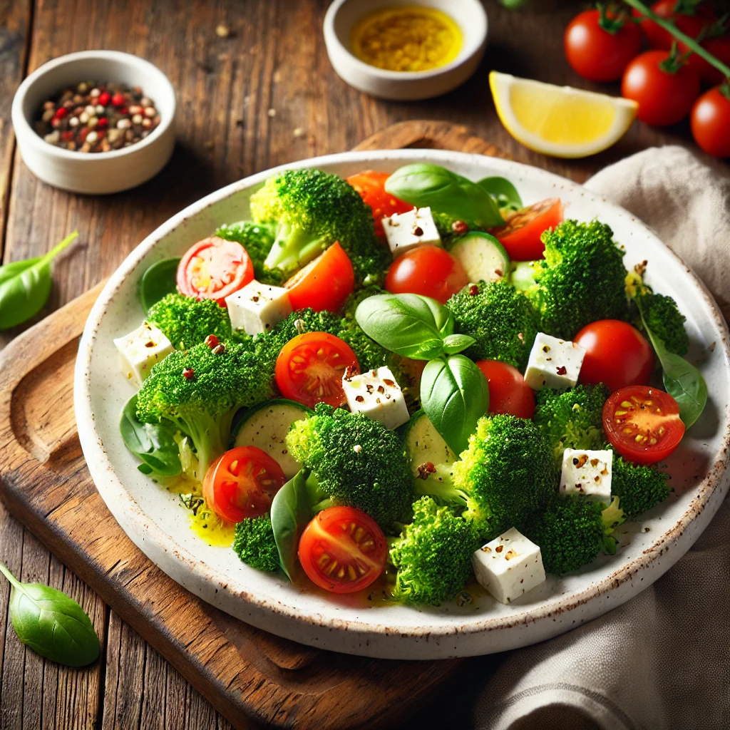 A beautifully plated Broccoli, Feta, and Tomato Salad served on a rustic wooden table. The salad features crisp, blanched broccoli florets mixed with juicy cherry tomatoes and crumbled feta cheese. Garnished with fresh basil leaves and a drizzle of olive oil. Arranged on a white ceramic plate with a side of lemon wedges. The warm wooden table is more visible, providing a cozy and inviting setting.