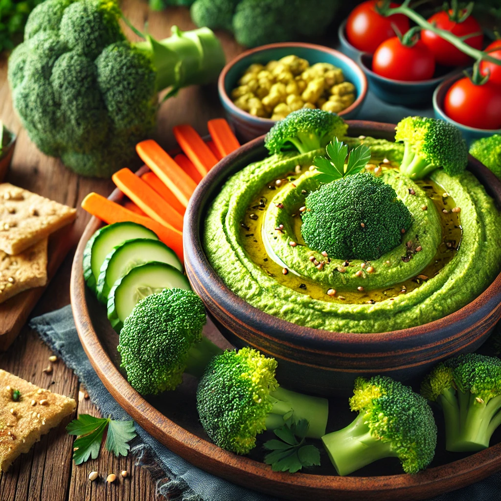Groene hummus met broccoli, geserveerd in een rustieke kom, gegarneerd met olijfolie, sesamzaadjes en peterselie, omringd door wortel-, komkommersticks, cherrytomaten en warm pita brood, op een houten tafel in een frisse setting.