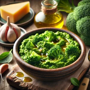 A vibrant, freshly made Broccoli Pesto served in a rustic ceramic bowl. The pesto has a rich, bright green color and a slightly textured consistency, garnished with a drizzle of olive oil and a sprinkle of crushed nuts. The bowl sits on a rustic wooden table, accompanied by fresh broccoli florets, a small dish of parmesan cheese, garlic cloves, and a lemon wedge. Warm, natural lighting enhances the fresh and inviting presentation.