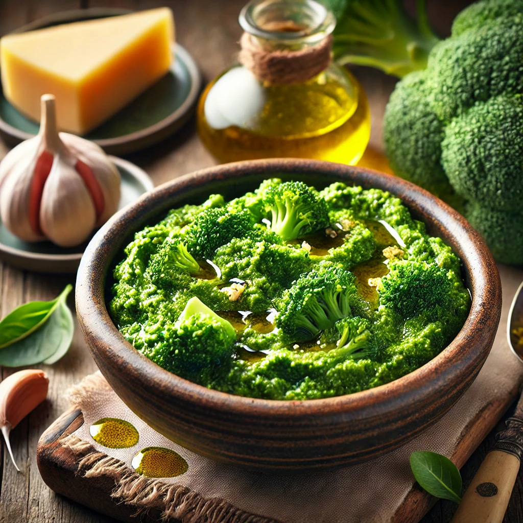 A vibrant, freshly made Broccoli Pesto served in a rustic ceramic bowl. The pesto has a rich, bright green color and a slightly textured consistency, garnished with a drizzle of olive oil and a sprinkle of crushed nuts. The bowl sits on a rustic wooden table, accompanied by fresh broccoli florets, a small dish of parmesan cheese, garlic cloves, and a lemon wedge. Warm, natural lighting enhances the fresh and inviting presentation.