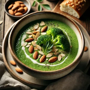 A beautifully plated bowl of Broccoli & Almond Soup, featuring a smooth, creamy green soup made from fresh broccoli and toasted almonds. The soup is served in a rustic ceramic bowl, garnished with a drizzle of almond cream, slivered toasted almonds, and a sprinkle of black pepper. The velvety texture contrasts with the crunchy almond topping. Accompanied by a slice of crusty bread on the side, the bowl rests on a wooden table with soft, natural lighting enhancing the fresh and comforting presentation.