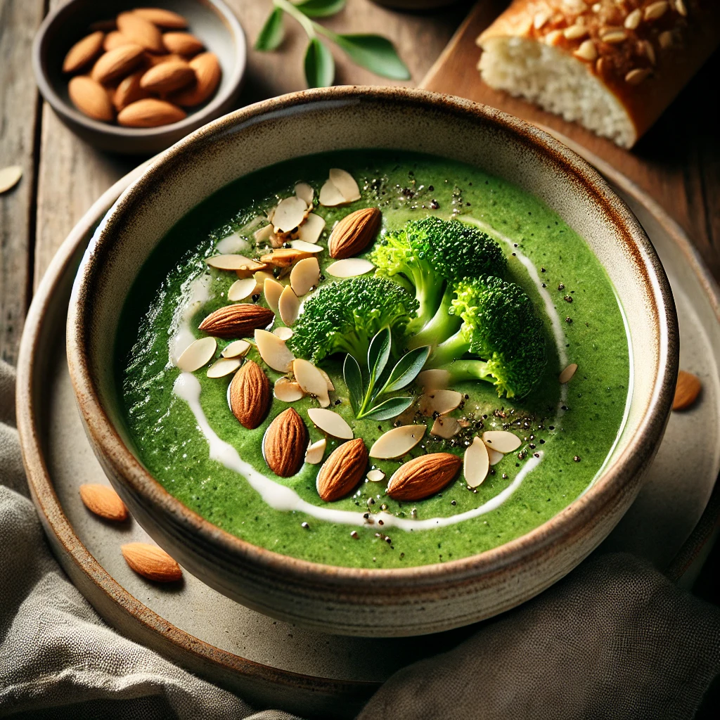 A beautifully plated bowl of Broccoli & Almond Soup, featuring a smooth, creamy green soup made from fresh broccoli and toasted almonds. The soup is served in a rustic ceramic bowl, garnished with a drizzle of almond cream, slivered toasted almonds, and a sprinkle of black pepper. The velvety texture contrasts with the crunchy almond topping. Accompanied by a slice of crusty bread on the side, the bowl rests on a wooden table with soft, natural lighting enhancing the fresh and comforting presentation.