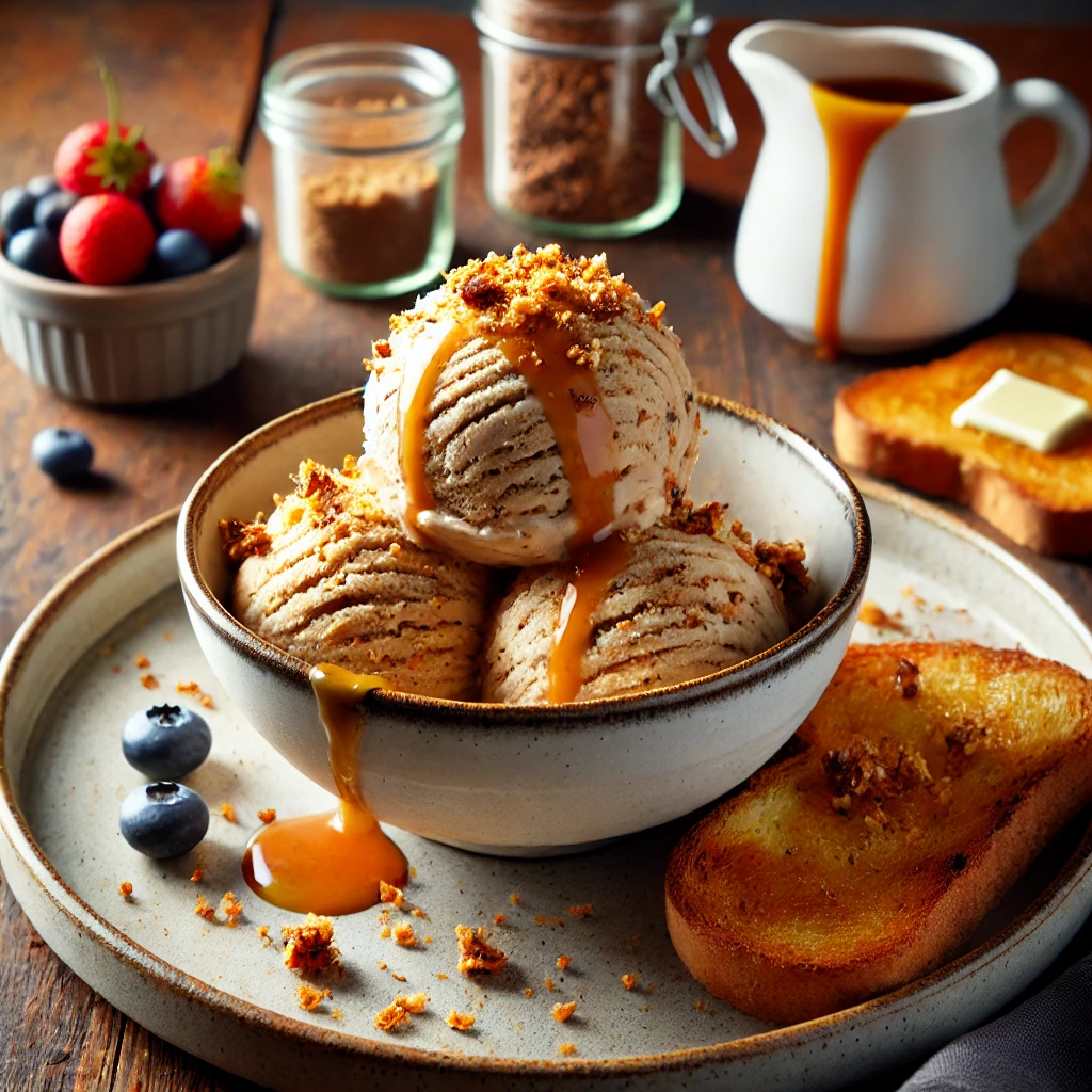 A beautifully plated serving of Brown Bread Ice Cream served on a rustic wooden table. The dish features creamy ice cream infused with toasted brown bread crumbs, giving it a unique nutty flavor. Scooped into a white ceramic bowl, drizzled with caramel sauce, and garnished with a sprinkle of toasted breadcrumbs. Served with a side of buttered toast and a few fresh berries. The warm wooden table is more visible, providing a cozy and inviting setting.