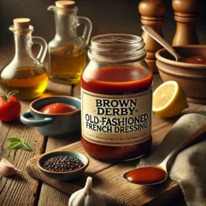 A clear glass jar filled with Brown Derby Old-Fashioned French Dressing sits on a rustic wooden table. The dressing is a rich reddish-brown color with a smooth, glossy texture. A small portion of the dressing is poured into a rustic ceramic bowl beside the jar. Surrounding the jar are fresh ingredients, including a lemon wedge, a garlic clove, a bottle of olive oil, and a small dish of ground black pepper. A folded linen napkin and a wooden spoon complete the inviting, homemade presentation. Soft natural light highlights the vibrant color of the dressing.