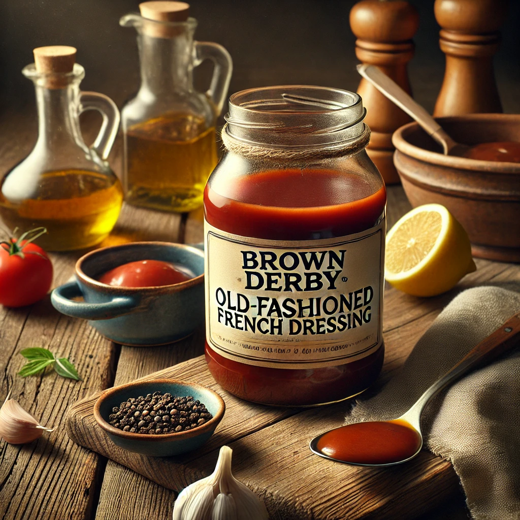 A clear glass jar filled with Brown Derby Old-Fashioned French Dressing sits on a rustic wooden table. The dressing is a rich reddish-brown color with a smooth, glossy texture. A small portion of the dressing is poured into a rustic ceramic bowl beside the jar. Surrounding the jar are fresh ingredients, including a lemon wedge, a garlic clove, a bottle of olive oil, and a small dish of ground black pepper. A folded linen napkin and a wooden spoon complete the inviting, homemade presentation. Soft natural light highlights the vibrant color of the dressing.