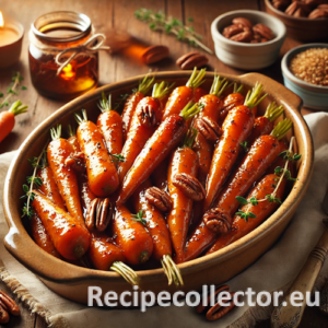 Oven-roasted baby carrots glazed with brown sugar and maple syrup, served in a ceramic dish and garnished with chopped pecans and thyme on a rustic holiday table.