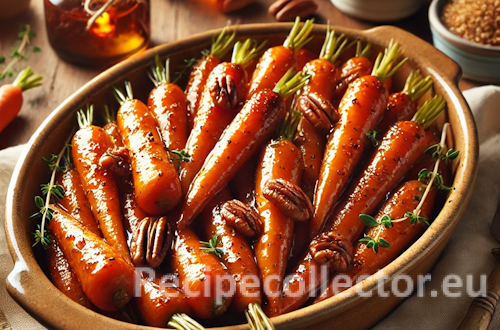 Oven-roasted baby carrots glazed with brown sugar and maple syrup, served in a ceramic dish and garnished with chopped pecans and thyme on a rustic holiday table.