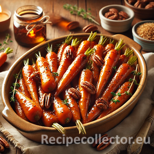 Oven-roasted baby carrots glazed with brown sugar and maple syrup, served in a ceramic dish and garnished with chopped pecans and thyme on a rustic holiday table.