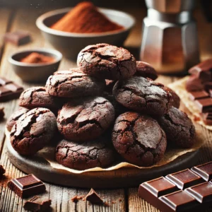 A batch of freshly baked Brownie Bite Cookies with a rich, dark chocolate color and a fudgy, chewy texture. The cookies have a slightly cracked surface and are dusted with powdered sugar. Some are stacked, while others cool on a wire rack. They are arranged on a rustic wooden table, accompanied by chunks of dark chocolate, a small dish of cocoa powder, and a drizzle of melted chocolate. Warm, natural lighting enhances the indulgent, homemade feel.
