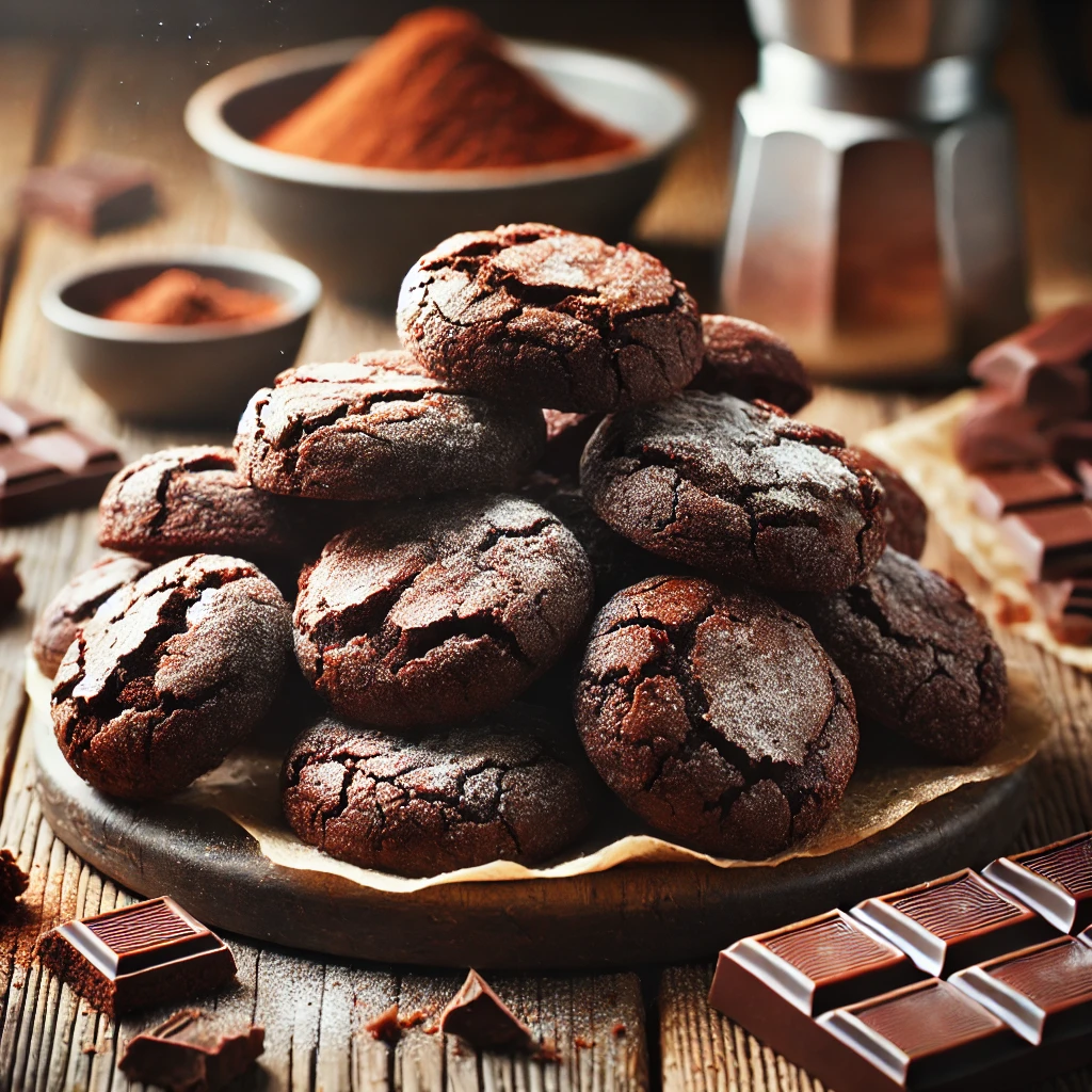 A batch of freshly baked Brownie Bite Cookies with a rich, dark chocolate color and a fudgy, chewy texture. The cookies have a slightly cracked surface and are dusted with powdered sugar. Some are stacked, while others cool on a wire rack. They are arranged on a rustic wooden table, accompanied by chunks of dark chocolate, a small dish of cocoa powder, and a drizzle of melted chocolate. Warm, natural lighting enhances the indulgent, homemade feel.