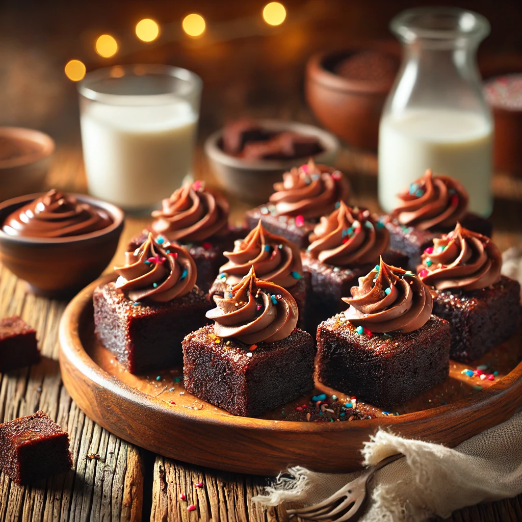 Brownie Bites with Magic Frosting on a rustic wooden platter, featuring fudgy brownie squares topped with glossy chocolate frosting. Some pieces have a dusting of cocoa powder or colorful sprinkles, set on a wooden table with a glass of milk and a bowl of extra frosting in the softly blurred background.