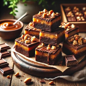 A rustic presentation of brownie goody bars, elegantly arranged on a wooden table. The bars have a rich, fudgy brownie base topped with a layer of creamy caramel and crunchy peanuts, finished with a smooth chocolate glaze. Some bars are stacked on a wooden cutting board, while others are cut into squares to showcase the gooey layers. Scattered around are chocolate chunks, caramel drizzle, and chopped nuts. Soft natural lighting enhances the warm and indulgent feel, with gentle shadows and a hint of greenery in the background.