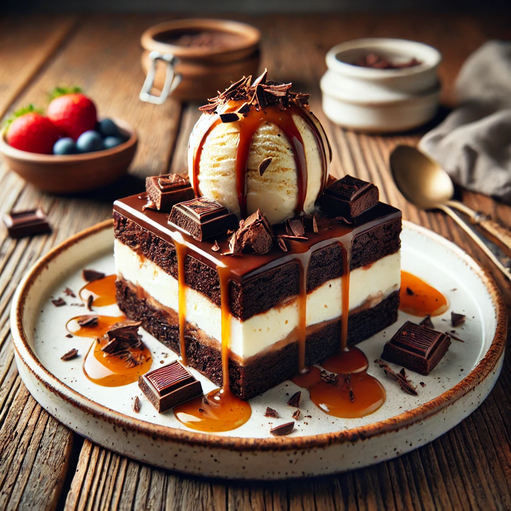 A beautifully plated Brownie Ice Cream Torte served on a rustic wooden table. The dessert features layers of rich, fudgy brownie and creamy vanilla ice cream, topped with a glossy chocolate ganache. Garnished with chocolate shavings and a drizzle of caramel sauce. Arranged on a white ceramic plate with a side of fresh berries. The warm wooden table is more visible, providing a cozy and inviting setting.