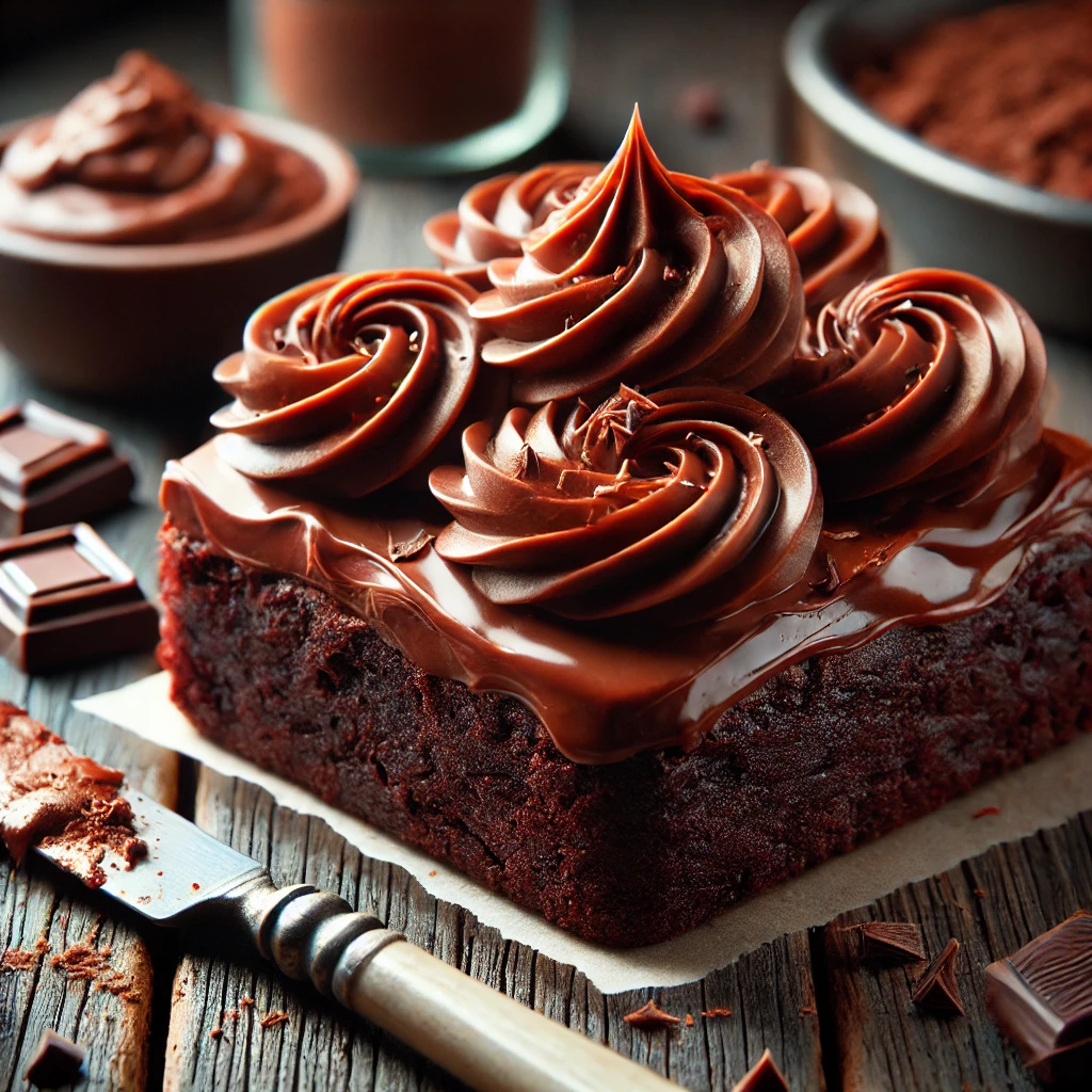 A close-up of a rich, fudgy brownie topped with smooth, glossy chocolate frosting on a rustic wooden table. The thick frosting has delicate swirls, with a knife holding extra frosting nearby. Scattered chocolate chips and cocoa powder add to the indulgent feel, with soft natural lighting enhancing the deep chocolate tones.