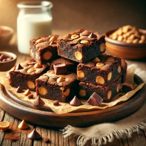 Brownies with Peanut Butter Chips on a rustic wooden platter, featuring rich, fudgy brownies with a crackly top and creamy peanut butter chips. Lightly dusted with cocoa powder, set on a wooden table with a glass of milk and a bowl of extra peanut butter chips in the softly blurred background.