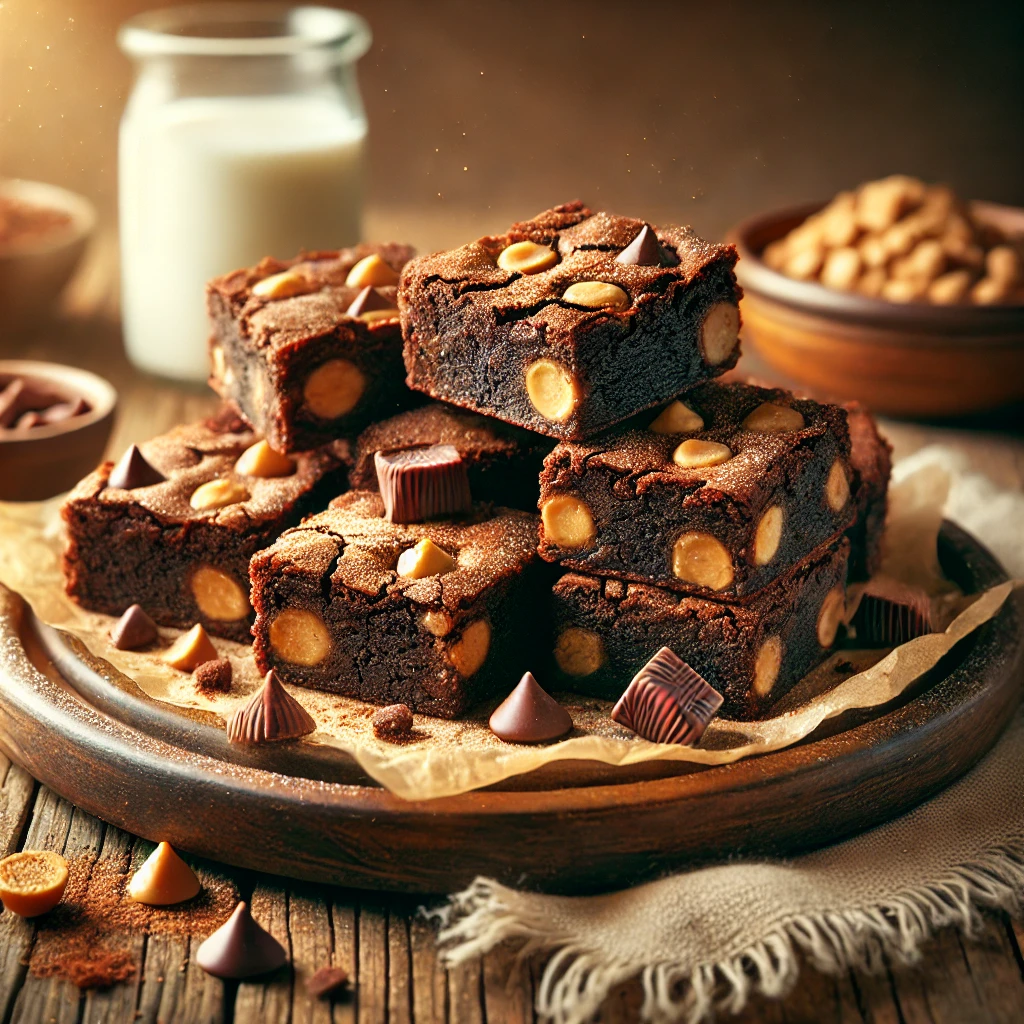 Brownies with Peanut Butter Chips on a rustic wooden platter, featuring rich, fudgy brownies with a crackly top and creamy peanut butter chips. Lightly dusted with cocoa powder, set on a wooden table with a glass of milk and a bowl of extra peanut butter chips in the softly blurred background.