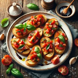 A beautifully plated serving of Bruschetta served on a rustic wooden table. The dish features crispy toasted baguette slices topped with a fresh mixture of diced tomatoes, basil, garlic, and olive oil. Garnished with a drizzle of balsamic glaze and a sprinkle of sea salt. Arranged on a white ceramic plate with a side of fresh basil leaves. The warm wooden table is more visible, providing a cozy and inviting setting.