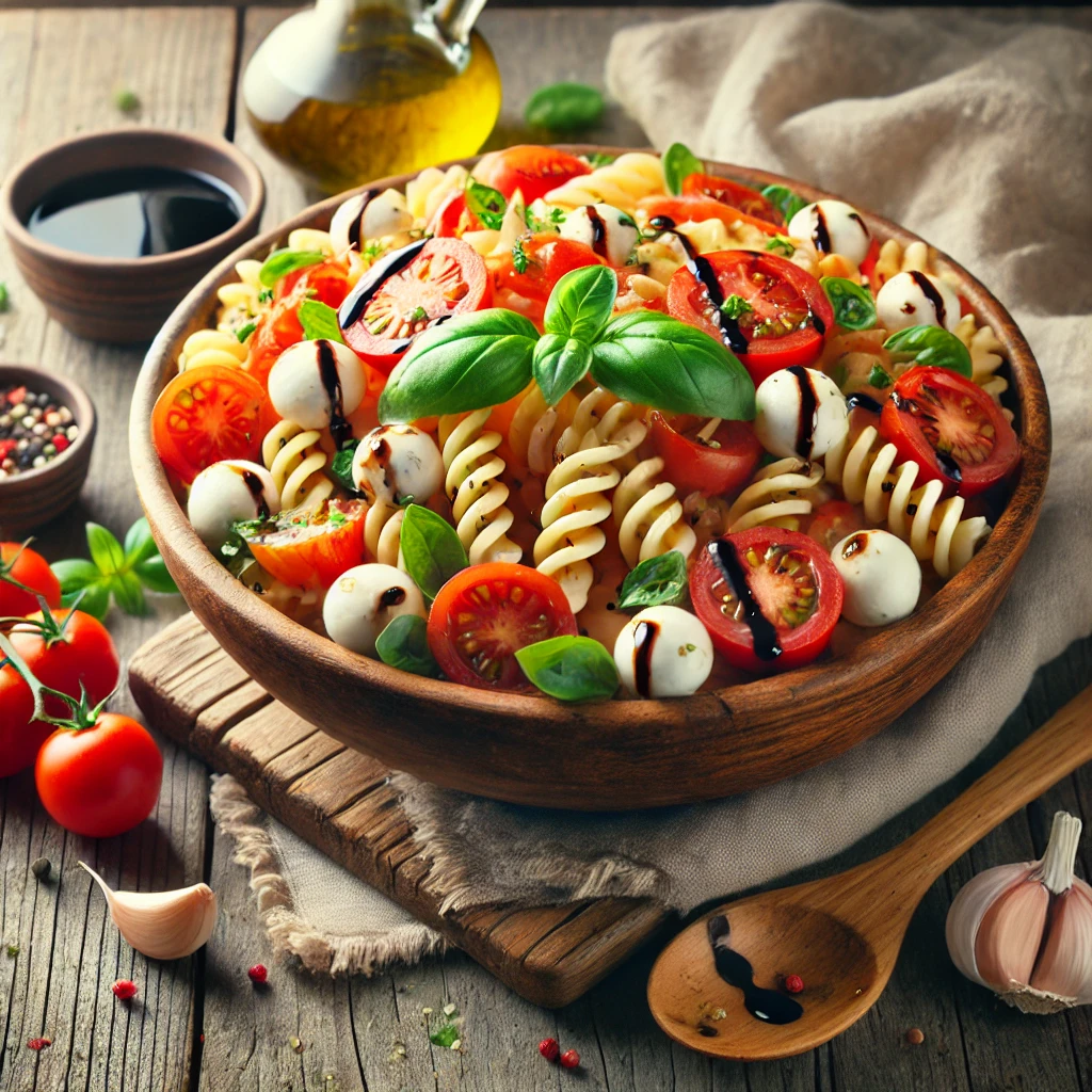 A vibrant bruschetta pasta salad on a rustic wooden table, featuring al dente pasta tossed with diced tomatoes, fresh basil, garlic, and mozzarella pearls, all drizzled with balsamic glaze and extra virgin olive oil. The salad is served in a large bowl with a wooden spoon, accompanied by a small dish of balsamic glaze, a sprig of fresh basil, and scattered cherry tomatoes. Soft natural lighting enhances the fresh, Mediterranean tones.