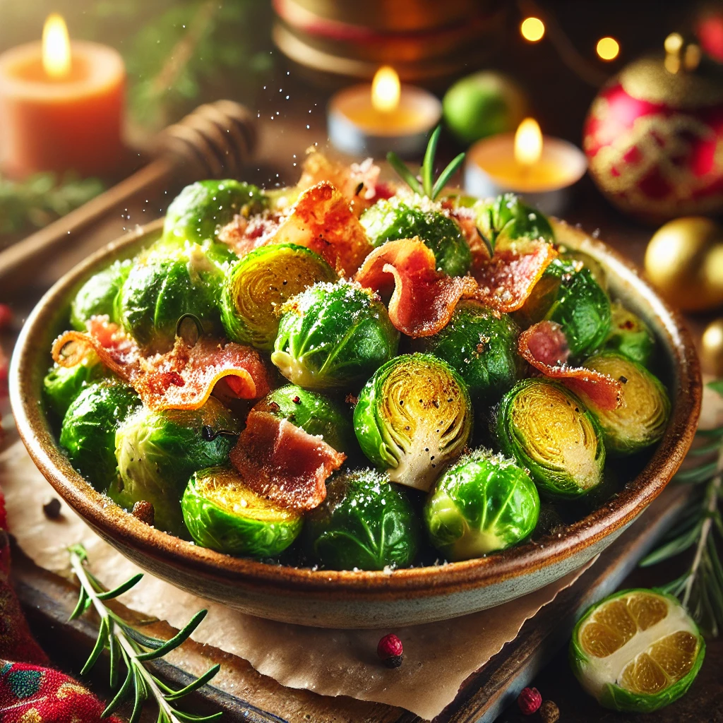 A rustic ceramic bowl filled with vibrant green Brussels sprouts, coated in melted butter and lemon zest, topped with crispy golden pieces of prosciutto. The dish is sprinkled with black pepper, surrounded by holiday decor like rosemary sprigs and warm-toned textiles. Soft natural lighting highlights the fresh colors and textures, making this an inviting holiday side dish