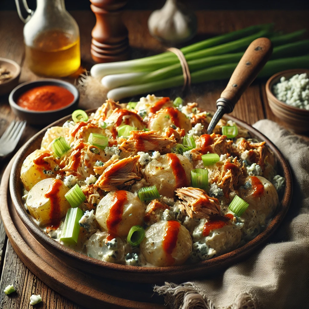 A bowl of buffalo chicken potato salad with tender potato chunks, shredded buffalo chicken, celery, and a creamy dressing on a rustic wooden table. Garnished with crumbled blue cheese, chopped green onions, and a drizzle of buffalo sauce, with a serving spoon lifting a portion to showcase the spicy texture. A cozy napkin and wooden plate enhance the warm, inviting atmosphere.