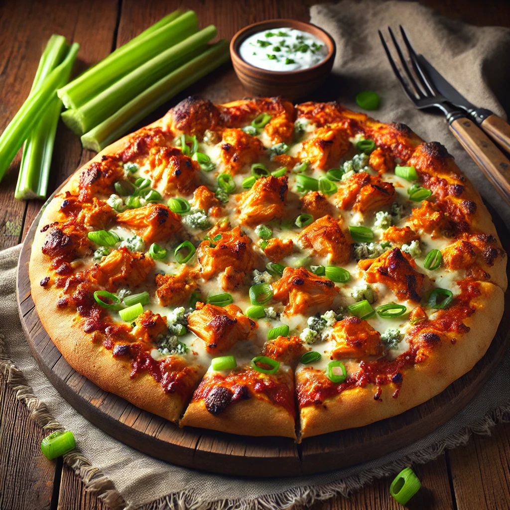 A beautifully plated Buffalo Chicken–Beer Bread Pizza served on a rustic wooden table. The pizza features a thick, flavorful beer bread crust topped with spicy buffalo chicken, melted mozzarella cheese, and crumbled blue cheese. Garnished with fresh chopped green onions and a drizzle of ranch dressing. Arranged on a wooden pizza board with a side of celery sticks. The warm wooden table is more visible, providing a cozy and inviting setting.