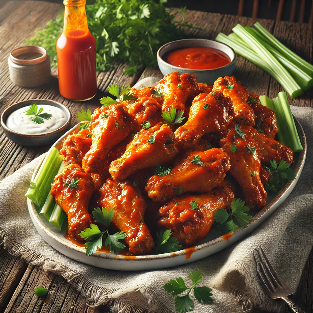 A platter of Buffalo-style chicken wings sits on a rustic wooden table. The wings are golden brown, crispy, and generously coated in a glossy orange-red hot sauce. Garnished with fresh parsley, the platter also includes celery sticks and a small bowl of creamy blue cheese dressing for dipping. A bottle of hot sauce, a few parsley sprigs, and a folded linen napkin complete the appetizing presentation. Soft natural light highlights the wings' crispy texture and the rich, vibrant sauce.
