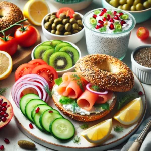 A bright and inviting breakfast scene showcasing an everything bagel with lox, cream cheese, dill, and chives, accompanied by sliced cucumbers, tomatoes, red onions, capers, and lemon wedges. Next to it is a chia pudding topped with green and yellow kiwi slices, pomegranate seeds, and toasted coconut flakes, all set in a cozy kitchen with soft natural lighting.