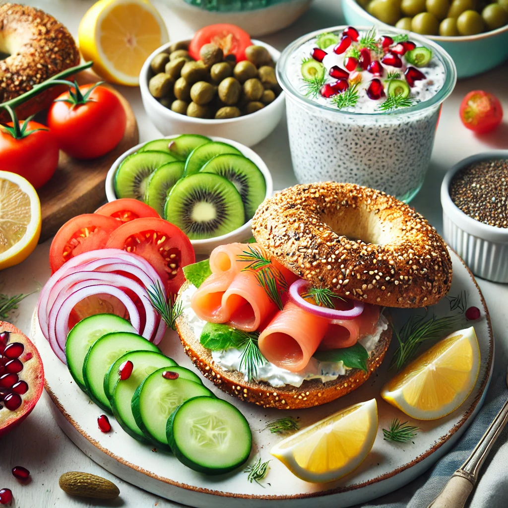 A bright and inviting breakfast scene showcasing an everything bagel with lox, cream cheese, dill, and chives, accompanied by sliced cucumbers, tomatoes, red onions, capers, and lemon wedges. Next to it is a chia pudding topped with green and yellow kiwi slices, pomegranate seeds, and toasted coconut flakes, all set in a cozy kitchen with soft natural lighting.