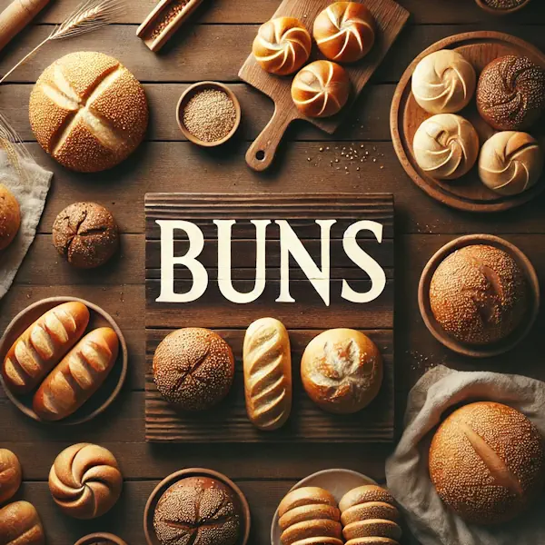 A rustic flat lay of buns on a medium-dark wooden table with horizontal planks. The scene includes plain bread buns, sesame seed buns, and whole grain buns, neatly arranged on a wooden board with some sliced open to show texture. At the top, the word 'BUNS' is written in large cream-colored serif letters, centered and clearly visible.