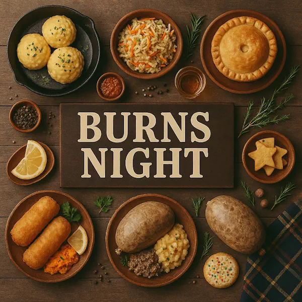 Top-down view of a rustic wooden table featuring a traditional Burns Night spread arranged around a central sign labeled BURNS NIGHT. Includes haggis, neeps and tatties, Scotch pie, mashed potatoes, fish, rice, shortbread cookies, lemon slices, and a glass of whisky, all served in ceramic and wooden dishes with a tartan cloth and herb accents.