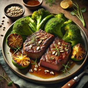 Juicy, golden-brown blade steaks served alongside vibrant green butter-fried broccoli, lightly charred and sprinkled with toasted sunflower seeds. The dish is garnished with a soy-oyster-lemon sauce and fresh herbs, presented on a sleek ceramic plate in a rustic table setting with wooden utensils and soft natural lighting, highlighting the meal's rich textures and inviting colors.
