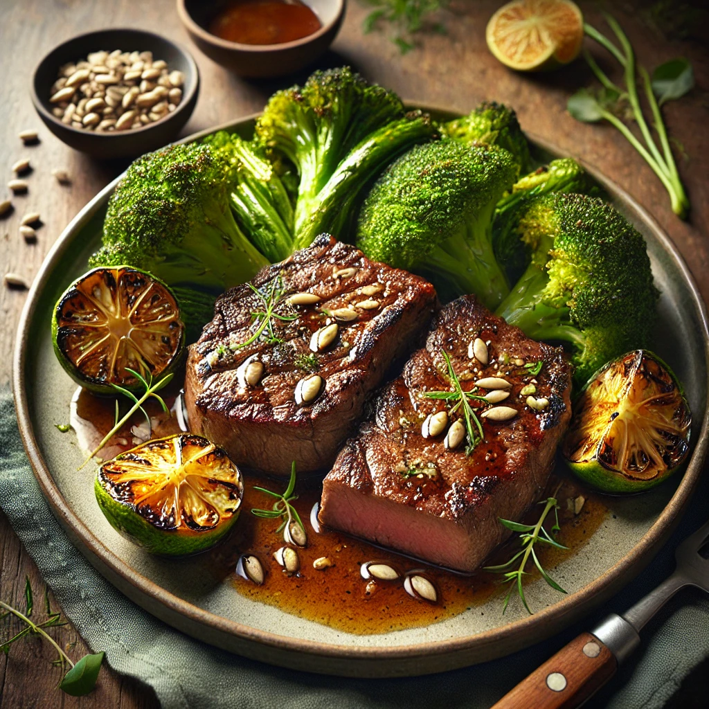 Juicy, golden-brown blade steaks served alongside vibrant green butter-fried broccoli, lightly charred and sprinkled with toasted sunflower seeds. The dish is garnished with a soy-oyster-lemon sauce and fresh herbs, presented on a sleek ceramic plate in a rustic table setting with wooden utensils and soft natural lighting, highlighting the meal's rich textures and inviting colors.