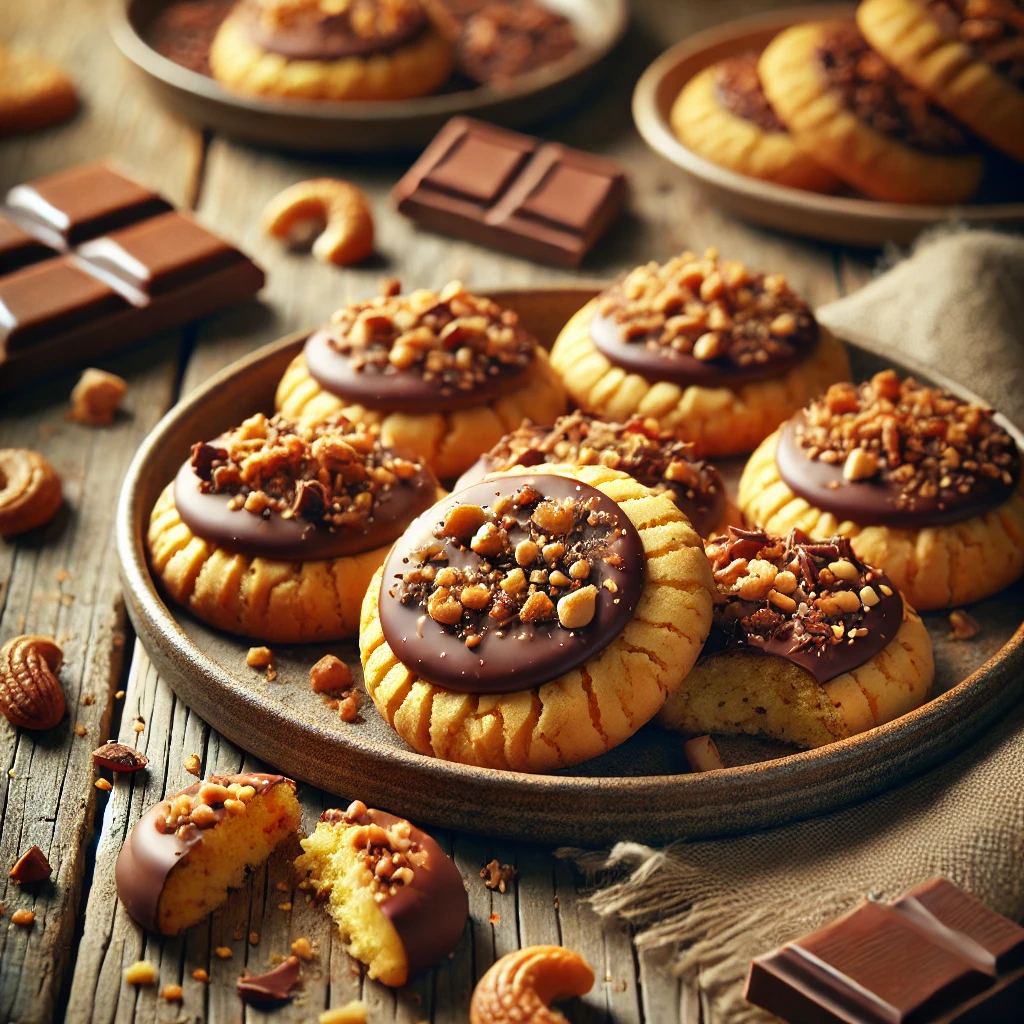 A plate of Butter-Nut Chocolate Topped Cookies on a rustic wooden table, featuring golden, buttery cookies with a crunchy texture, topped with a smooth layer of rich chocolate. Some cookies are sprinkled with crushed nuts, while others have a drizzle of melted chocolate. A few broken cookies reveal the crisp, nutty interior, with scattered chocolate pieces and chopped nuts adding to the homemade charm. Soft natural lighting highlights the warm, inviting tones.