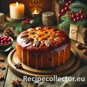 A golden-brown Christmas cake soaked in rum, decorated simply with dried fruit and pecans, sitting on a wooden table with festive greenery and soft, natural lighting.