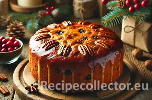 A golden-brown Christmas cake soaked in rum, decorated simply with dried fruit and pecans, sitting on a wooden table with festive greenery and soft, natural lighting.