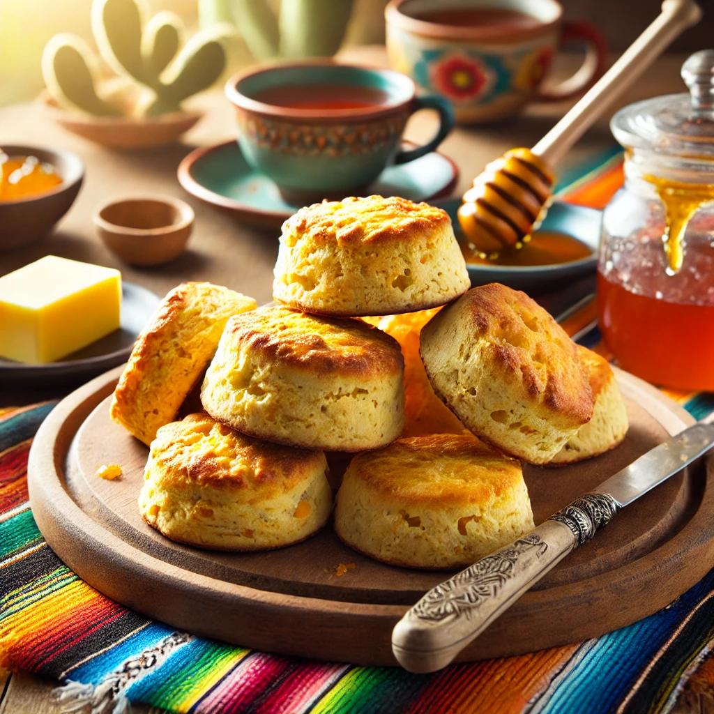 A cozy and rustic scene featuring Butternut Drop Biscuits on a wooden platter. The golden brown biscuits have a flaky texture and hints of butternut squash. The setting includes a colorful Mexican-style tablecloth, a small dish of butter, a honey jar with a dipper, and a cup of tea, illuminated by bright natural light to create a cheerful and comforting atmosphere.