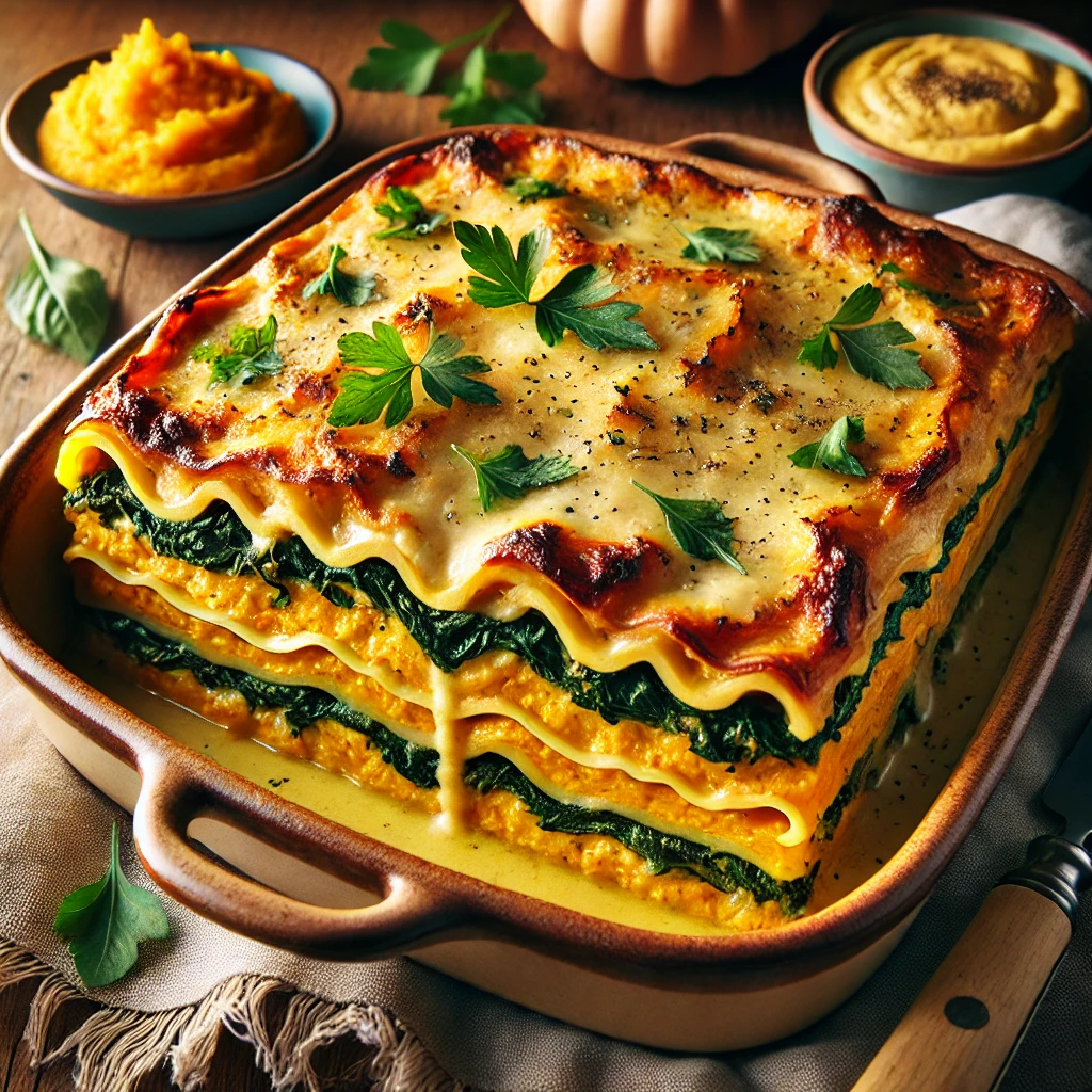 A rustic baking dish of Butternut Squash Hummus Lasagna layered with creamy hummus, spinach, lasagna sheets, and béchamel sauce, topped with golden crust and parsley, set on a wooden table with a spatula and napkin nearby.