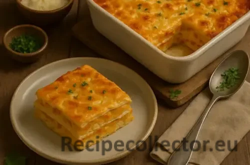A creamy butternut squash lasagna served in a white ceramic baking dish, with a slice plated nearby showing the golden cheesy top, distinct squash layers, and garnished with fresh parsley. The setting includes small bowls of grated cheese and herbs on a rustic wooden table.