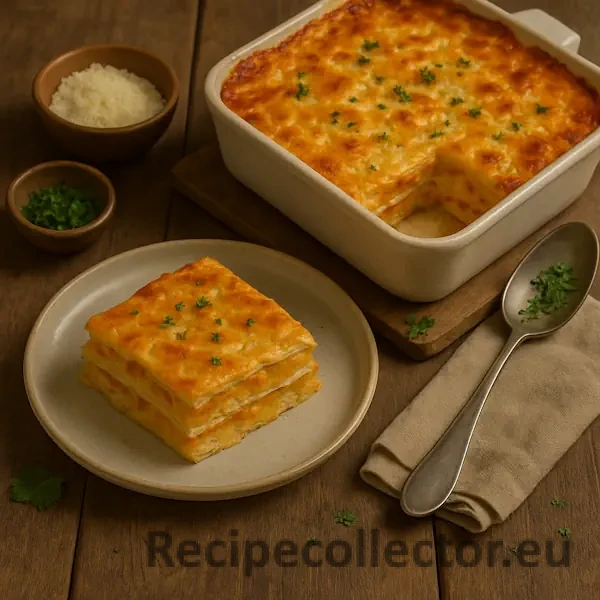 A creamy butternut squash lasagna served in a white ceramic baking dish, with a slice plated nearby showing the golden cheesy top, distinct squash layers, and garnished with fresh parsley. The setting includes small bowls of grated cheese and herbs on a rustic wooden table.