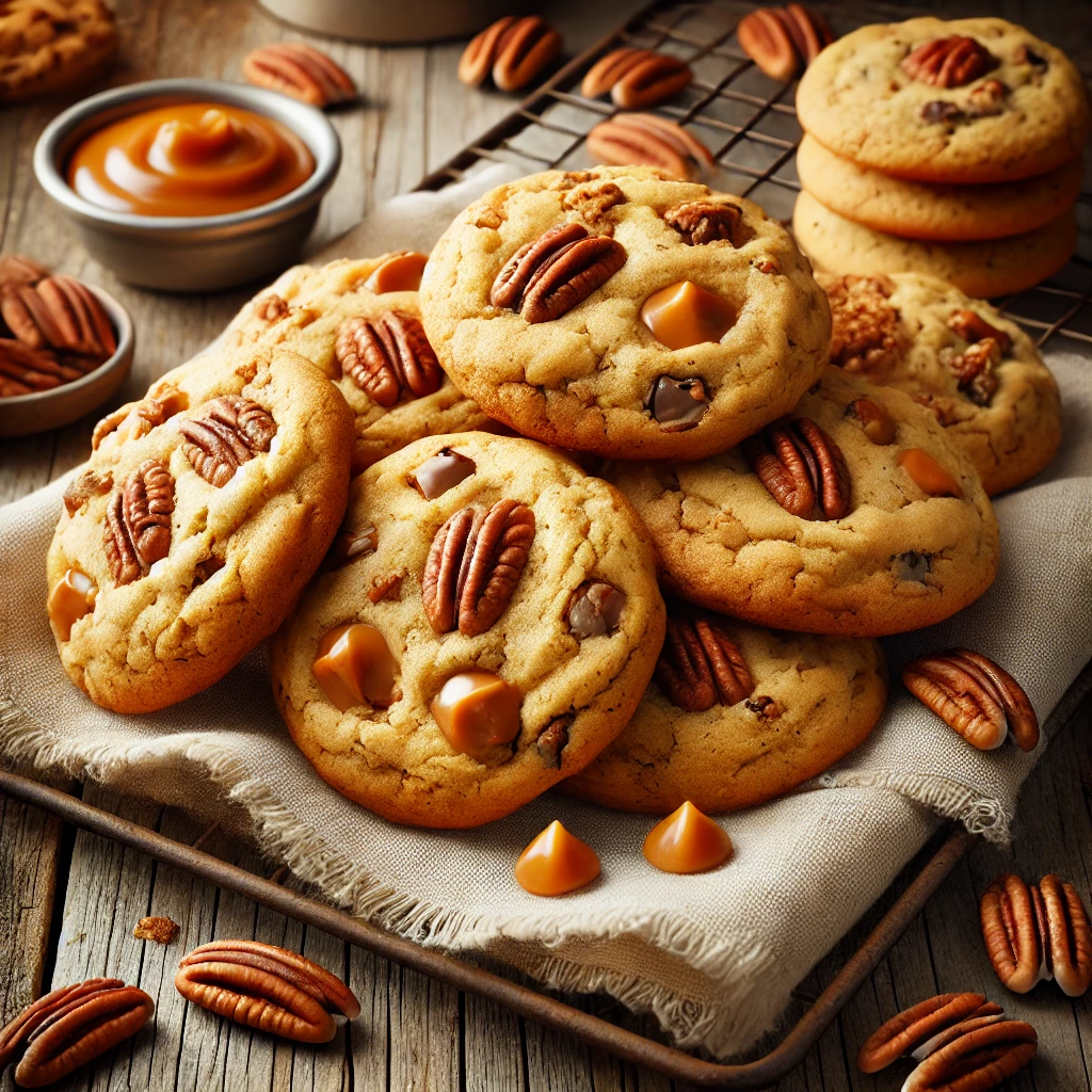 A batch of freshly baked butterscotch pecan cookies with a golden-brown color and a soft, chewy texture. The cookies are studded with gooey butterscotch chips and crunchy pecan pieces, with some chips slightly melted on the surface. They are arranged on a rustic wooden table, with a few cookies stacked and others cooling on a wire rack. Whole pecans, a drizzle of caramel, and a linen napkin complete the cozy, homemade presentation. Warm, natural lighting enhances the inviting, comforting feel.