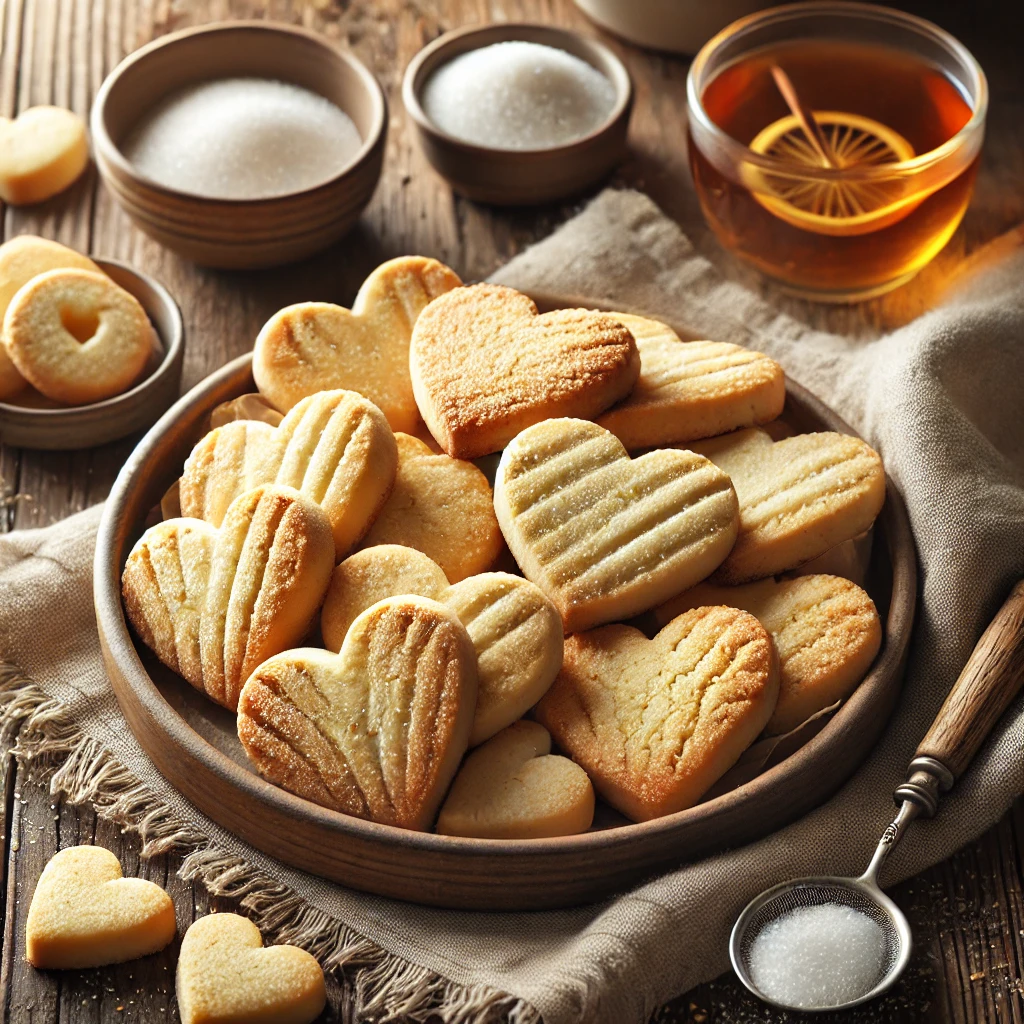 Heart-Shaped Shortbread cookies, golden and slightly crumbly, lightly dusted with caster sugar. Some have hints of lemon zest or cocoa powder for variation. The cookies are styled on a rustic wooden table with a linen napkin, a small bowl of extra sugar, and a cup of tea.